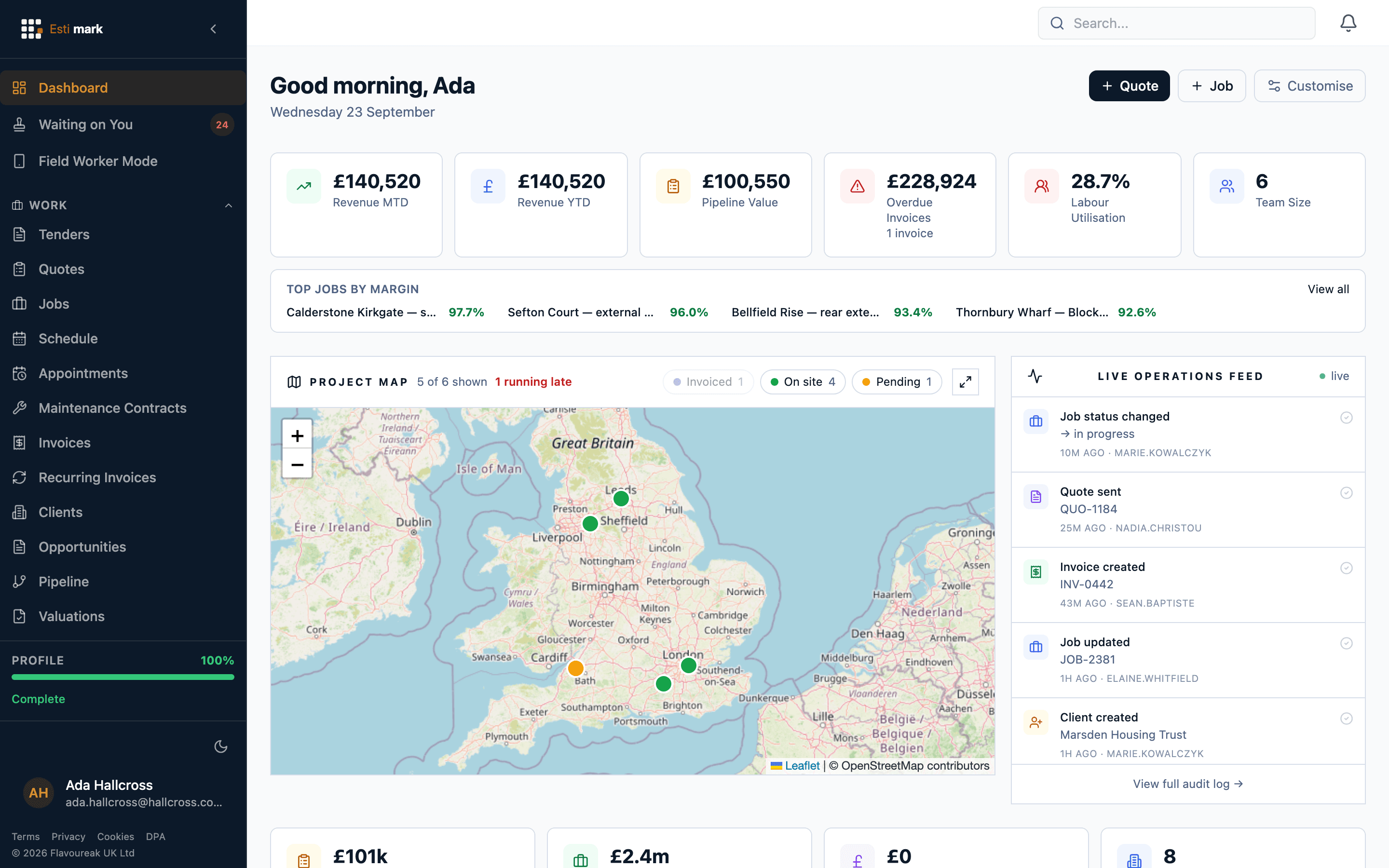 Estimark dashboard showing revenue, pipeline value and a live map of active projects across the UK