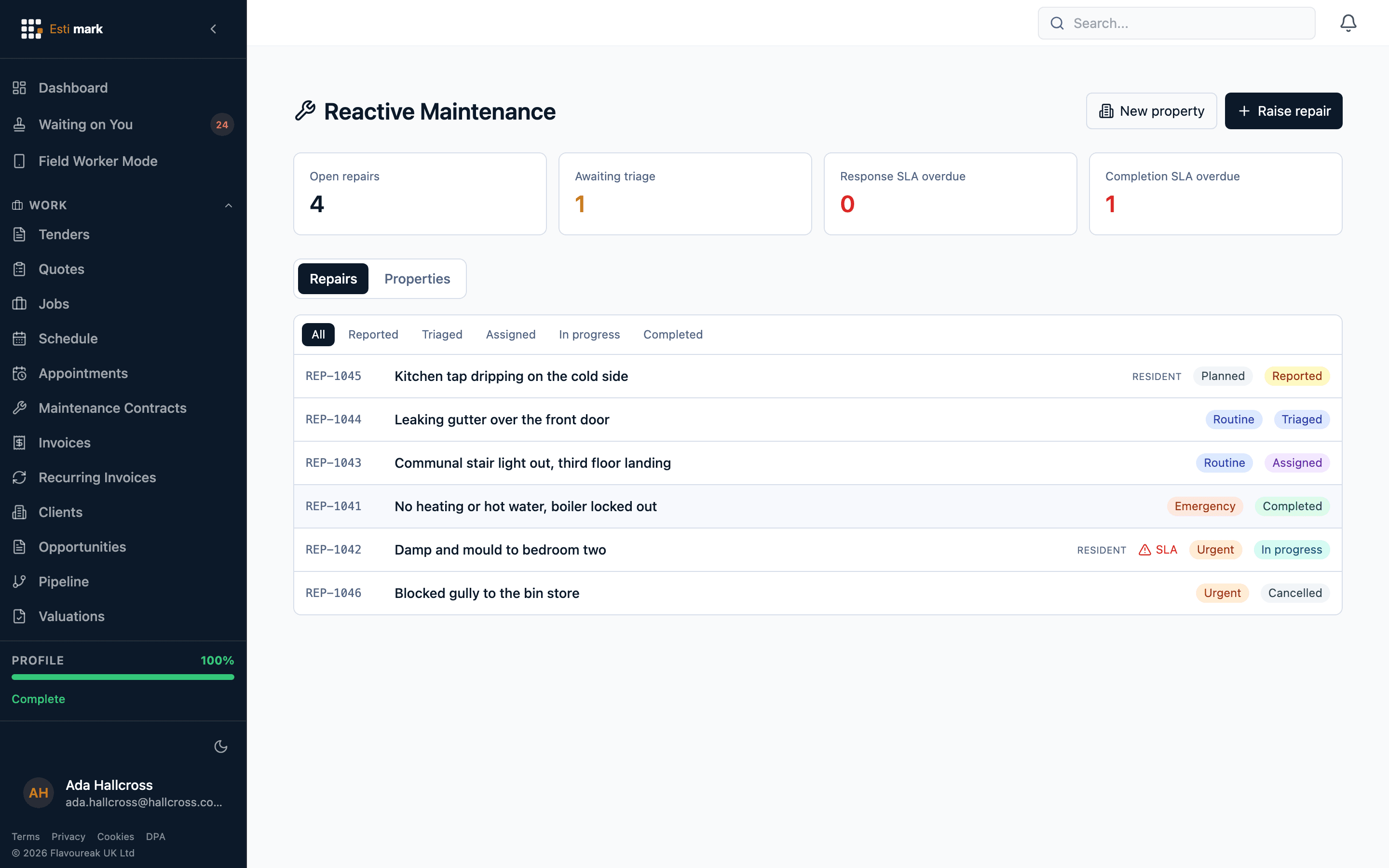 Reactive maintenance board showing repairs with priority-driven SLA targets